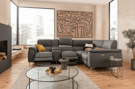 4 Seater Corner Electric Reclining Sectional Sofa​ in Leather Forest Grey with USB Port, Cupholders and Other Features