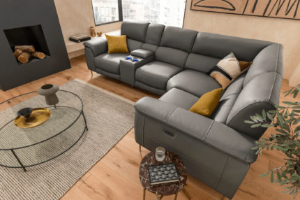 4 Seater Corner Electric Reclining Sectional Sofa​ in Leather Forest Grey with USB Port, Cupholders and Other Features