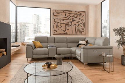 4 Seater Corner Electric Reclining Sectional Sofa​ in Leather Smokey Taupe with USB Port, Cupholders and Other Features