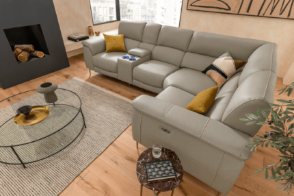 4 Seater Corner Electric Reclining Sectional Sofa​ in Leather Smokey Taupe with USB Port, Cupholders and Other Features