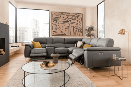 5 Seater Corner Electric Reclining Sectional Sofa​ in Leather Forest Grey with USB Port, Cupholders and Other Features