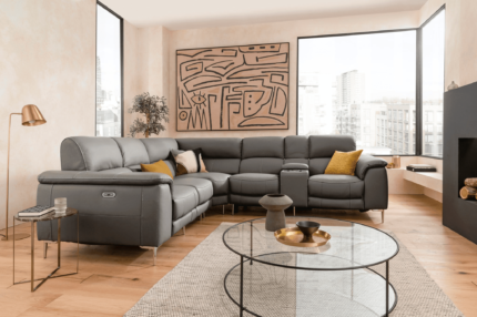 5 Seater Corner Electric Reclining Sectional Sofa​ in Leather Forest Grey with USB Port, Cupholders and Other Features