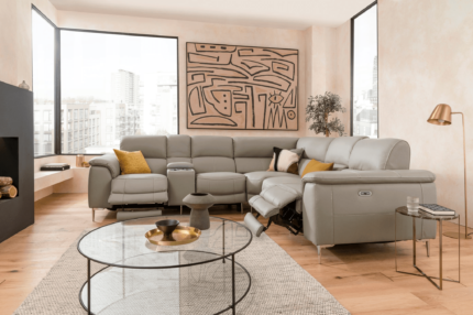 5 Seater Corner Electric Reclining Sectional Sofa​ in Leather Smokey Taupe with USB Port, Cupholders and Other Features