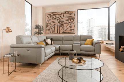 5 Seater Corner Electric Reclining Sectional Sofa​ in Leather Smokey Taupe with USB Port, Cupholders and Other Features