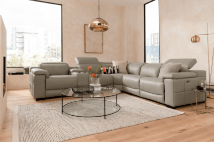 5 Seater Large Electric Reclining Corner Sofa in Smokey Taupe Leather with USB Port, Cupholders and Other Features