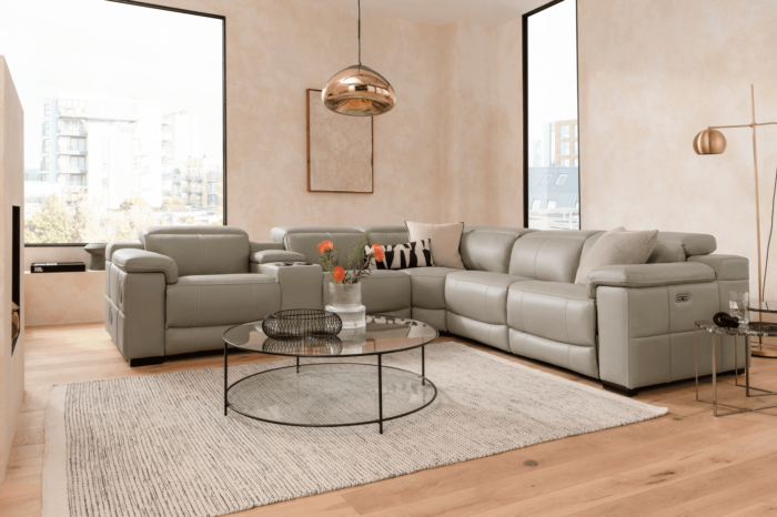 5 Seater Large Electric Reclining Corner Sofa in Smokey Taupe Leather with USB Port, Cupholders and Other Features