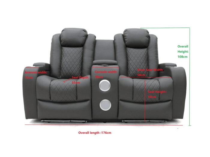 Tech 8 Smart 3+2+1 Cinema Recliner Sofa Set Grey Aire Leather with USB Port, Blue LED, Massager, Drop Down Table and Cupholders