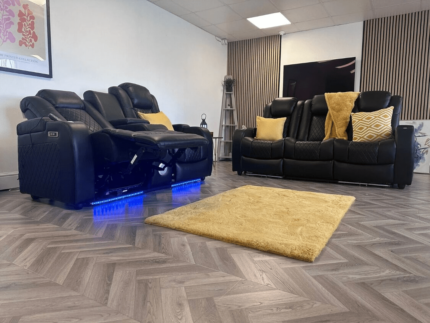 Tech 8 Smart 3+2+1 Cinema Recliner Sofa Set Grey Aire Leather with USB Port, Blue LED, Massager, Drop Down Table and Cupholders