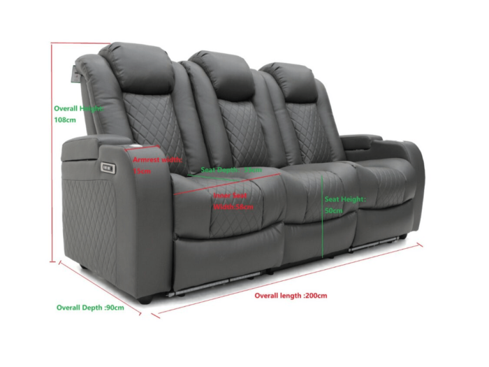 Tech 8 Smart 3+2+1 Cinema Recliner Sofa Set Grey Aire Leather with USB Port, Blue LED, Massager, Drop Down Table and Cupholders